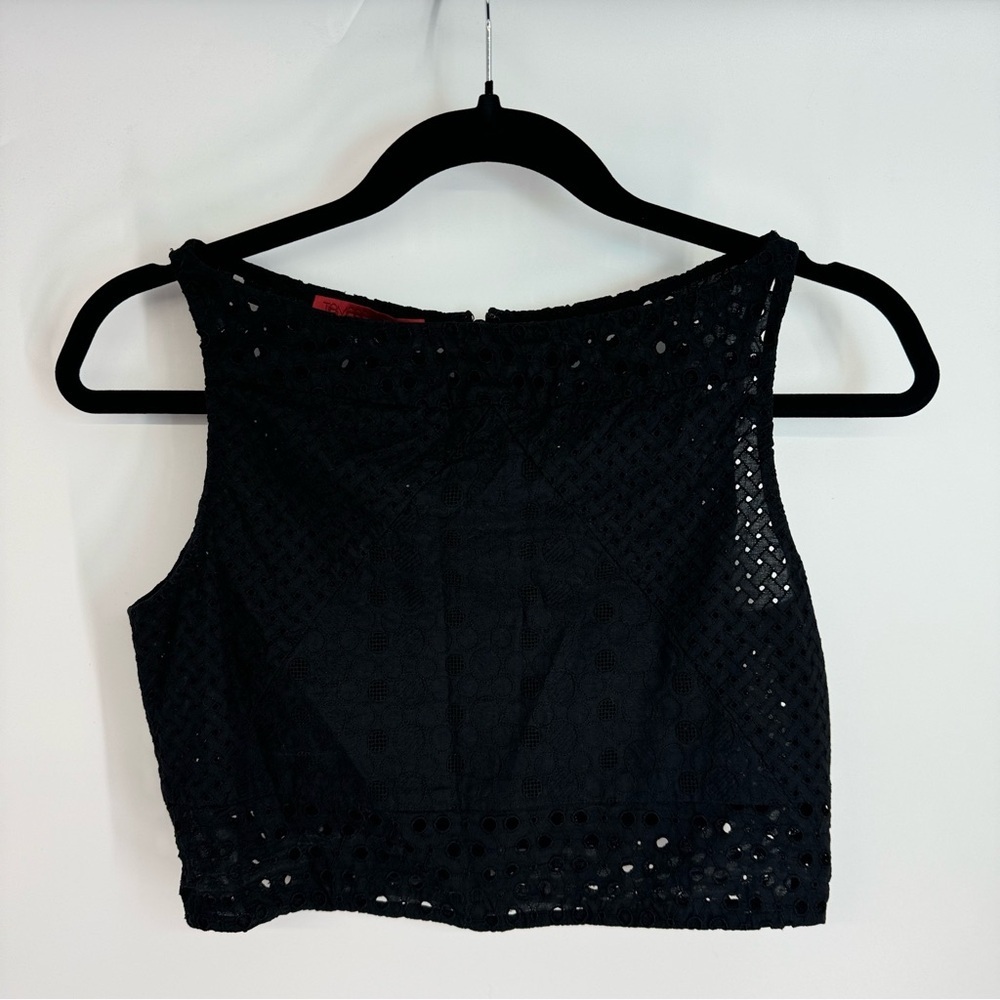 Tamara Mellon Black Eyelet High Neck Cropped Sleeveless Top
